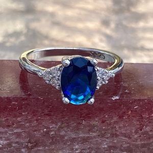 Elegant Blue Sapphire 925 Sterling Silver solitaire wedding engagement ring, Sz5